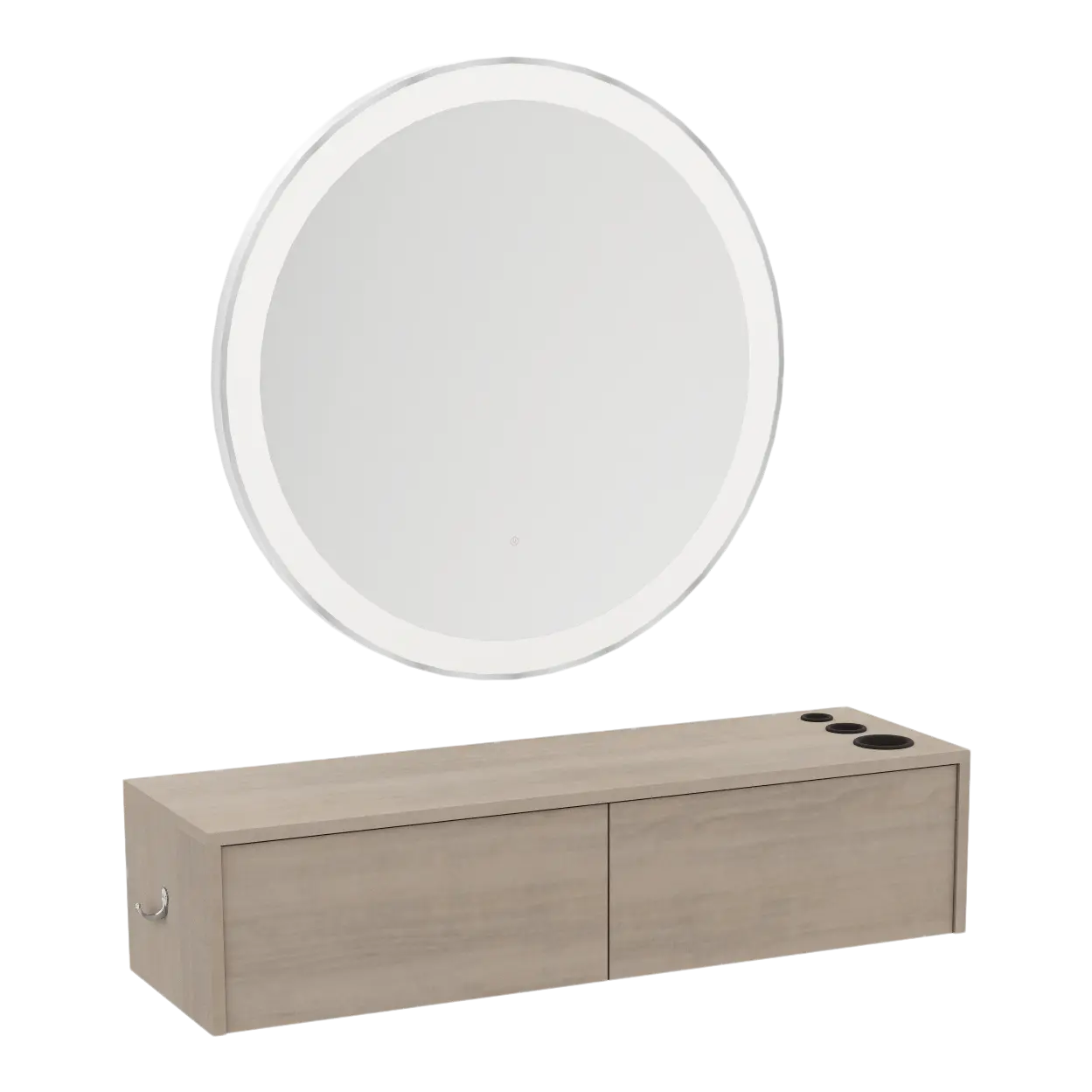 Glo Wall Mount Styling Station with Nestled Appliance Holder and Silver Round Glo Mirror