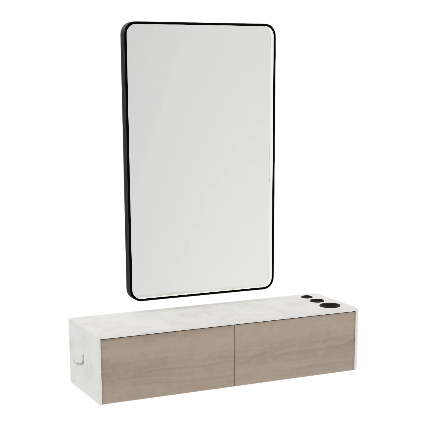 Glo Wall Mount Styling Station with Nestled Appliance Holder, Solid Surface Countertop, and Black Rectangle Westin Mirror