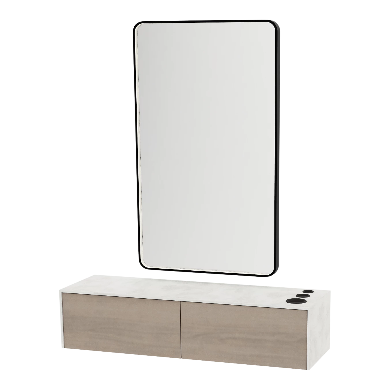 Glo Wall Mount Styling Station with Nestled Appliance Holder, Solid Surface Countertop, and Black Rectangle Westin Mirror