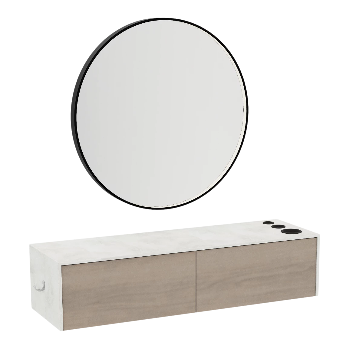 Glo Wall Mount Styling Station with Nestled Appliance Holder, Solid Surface Countertop, and Black Round Westin Mirror