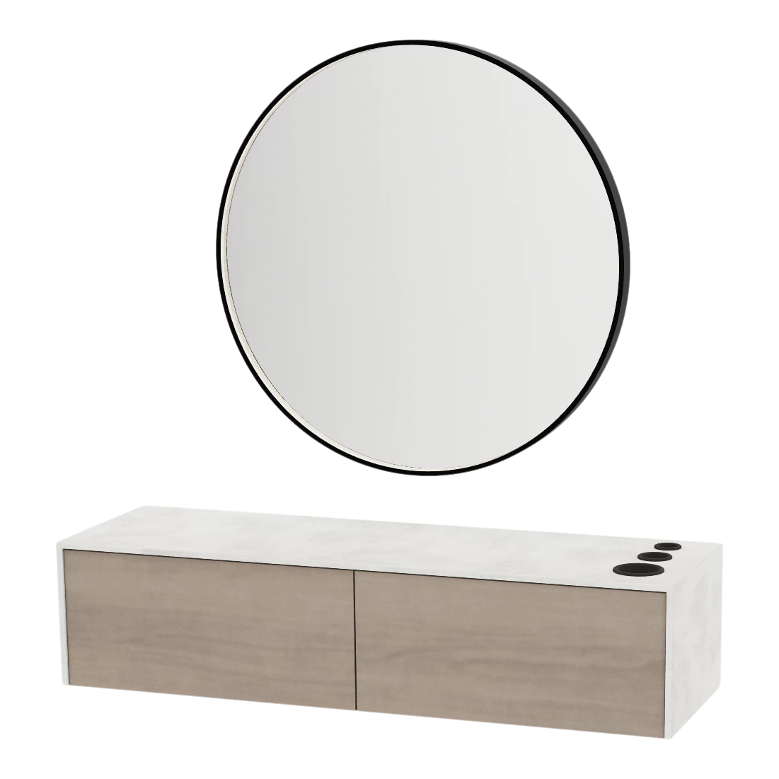 Glo Wall Mount Styling Station with Nestled Appliance Holder, Solid Surface Countertop, and Black Round Westin Mirror