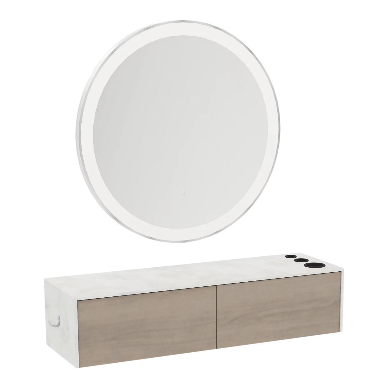 Glo Wall Mount Styling Station with Nestled Appliance Holder, Solid Surface Countertop, and Silver Round Glo Mirror