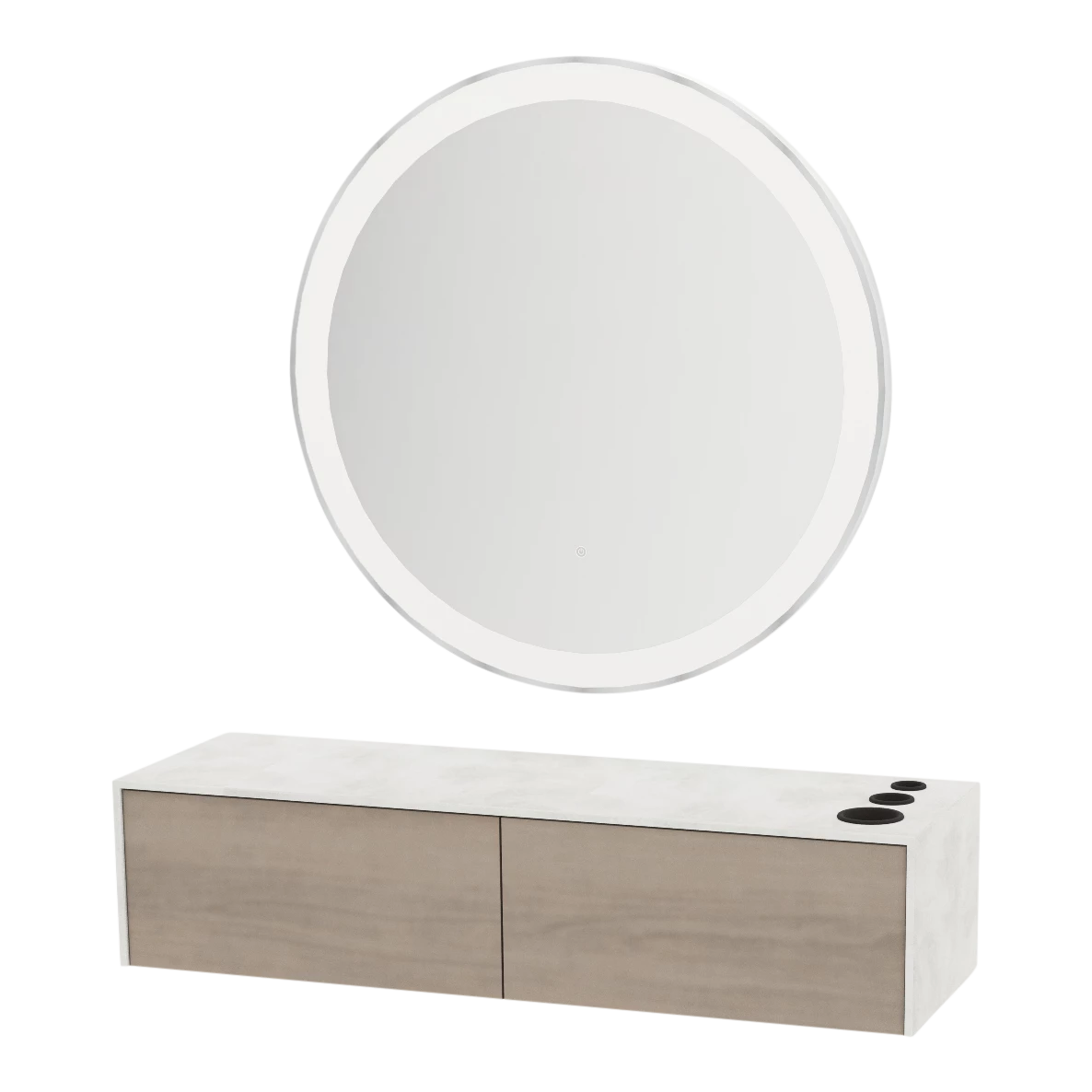 Glo Wall Mount Styling Station with Nestled Appliance Holder, Solid Surface Countertop, and Silver Round Glo Mirror