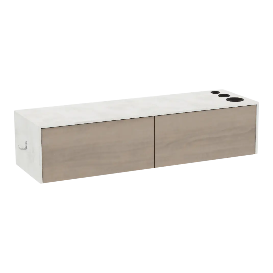 Glo Wall Mount Styling Station with Nestled Appliance Holder and Solid Surface Countertop (Cabinet Only)