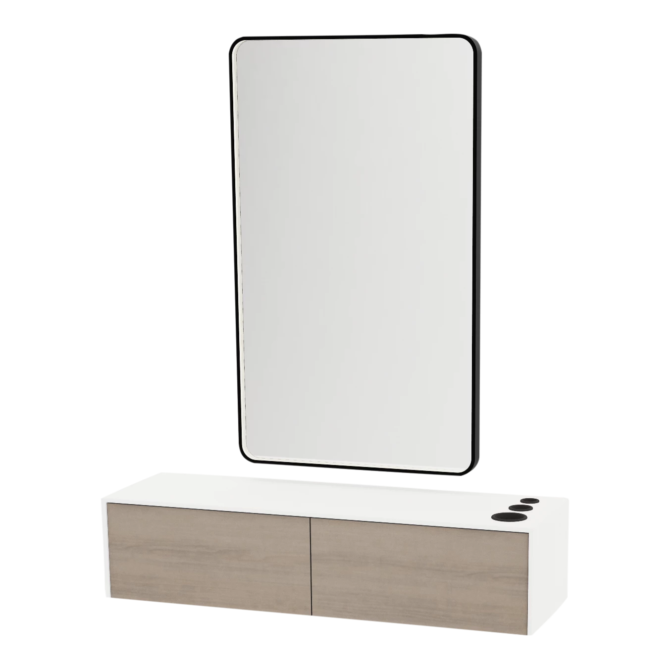 Glo Wall Mount Styling Station with Nestled Appliance Holder, Solid Surface Countertop, and Black Rectangle Westin Mirror