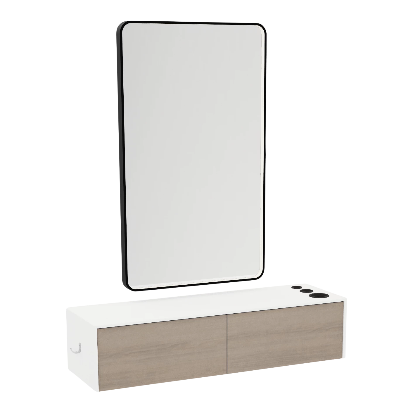 Glo Wall Mount Styling Station with Nestled Appliance Holder, Solid Surface Countertop, and Black Rectangle Westin Mirror