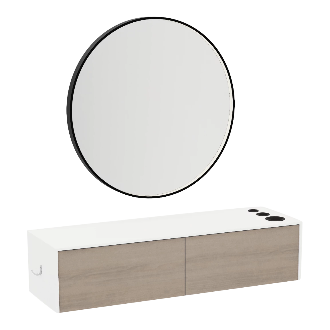Glo Wall Mount Styling Station with Nestled Appliance Holder, Solid Surface Countertop, and Black Round Westin Mirror