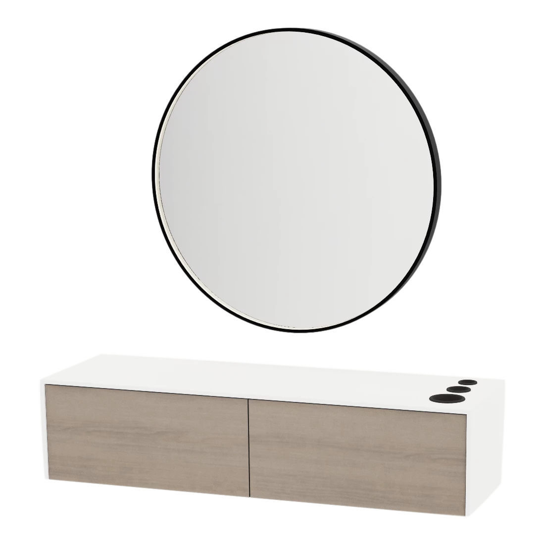 Glo Wall Mount Styling Station with Nestled Appliance Holder, Solid Surface Countertop, and Black Round Westin Mirror