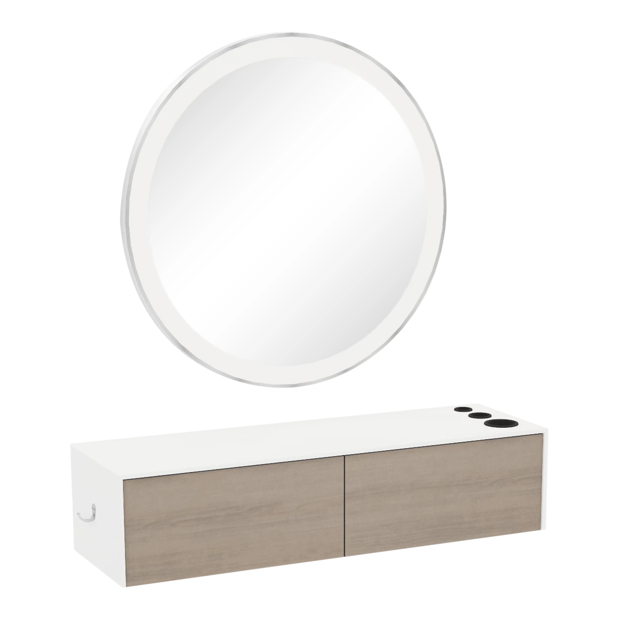 Glo Wall Mount Styling Station with Nestled Appliance Holder, Solid Surface Countertop, and Silver Round Glo Mirror