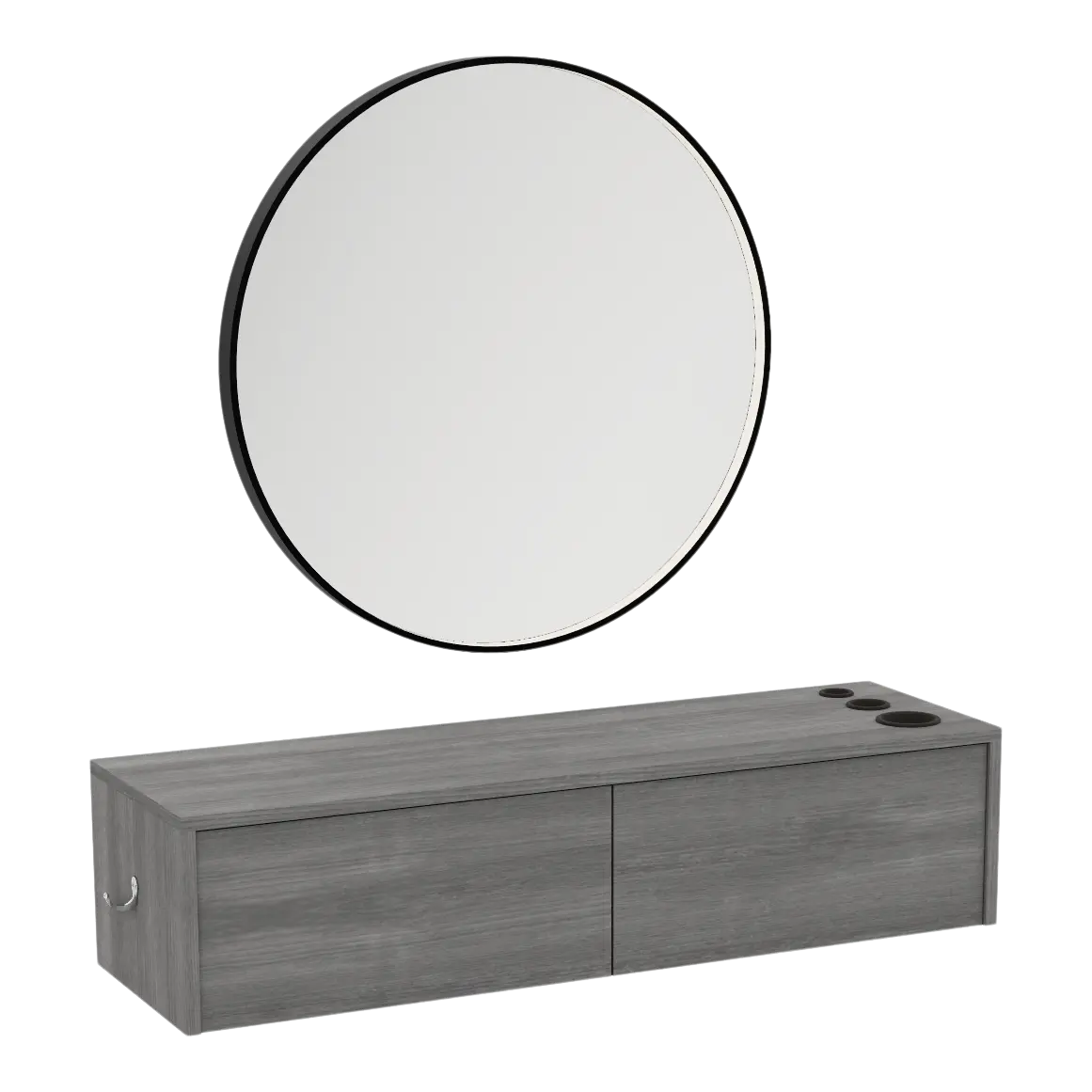 Glo Wall Mount Styling Station with Nestled Appliance Holder and Black Round Westin Mirror