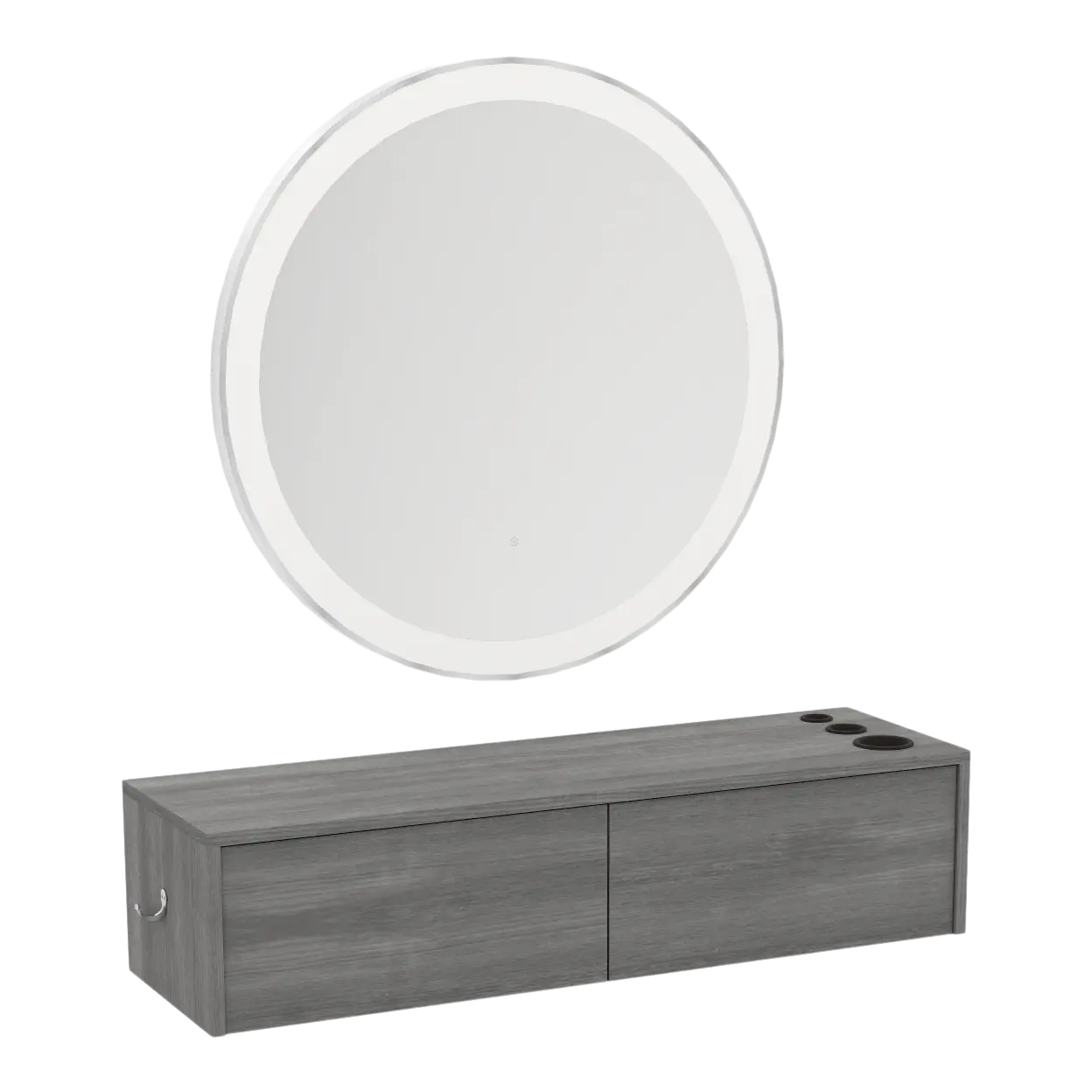 Glo Wall Mount Styling Station with Nestled Appliance Holder and Silver Round Glo Mirror