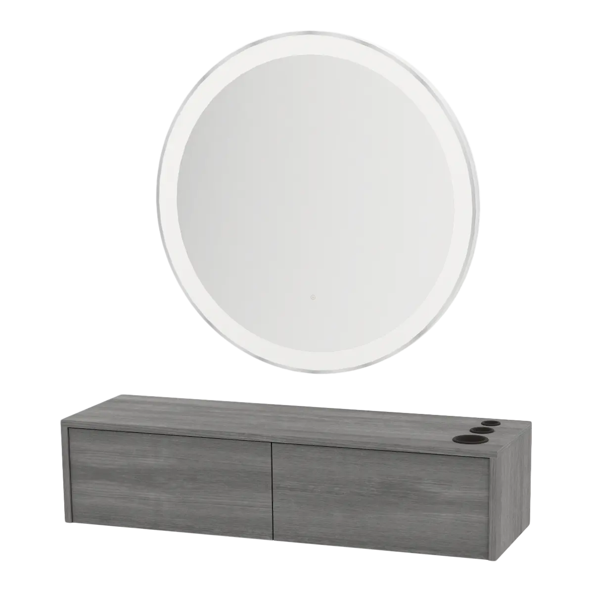 Glo Wall Mount Styling Station with Nestled Appliance Holder and Silver Round Glo Mirror
