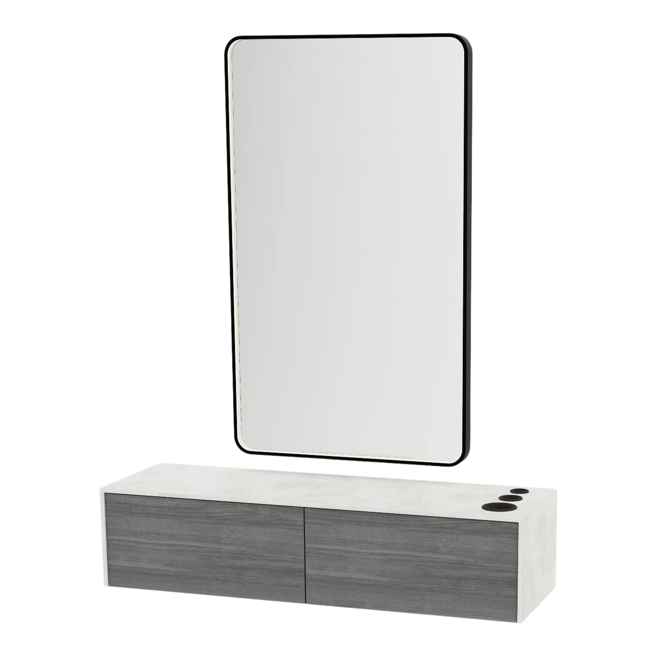 Glo Wall Mount Styling Station with Nestled Appliance Holder, Solid Surface Countertop, and Black Rectangle Westin Mirror