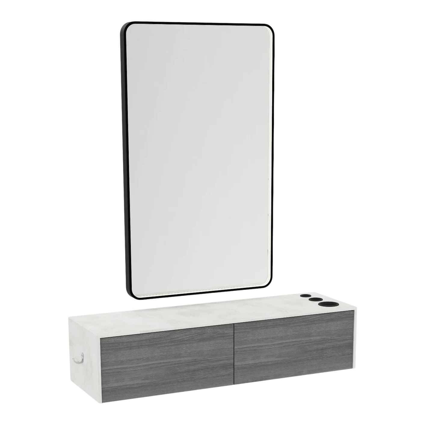 Glo Wall Mount Styling Station with Nestled Appliance Holder, Solid Surface Countertop, and Black Rectangle Westin Mirror