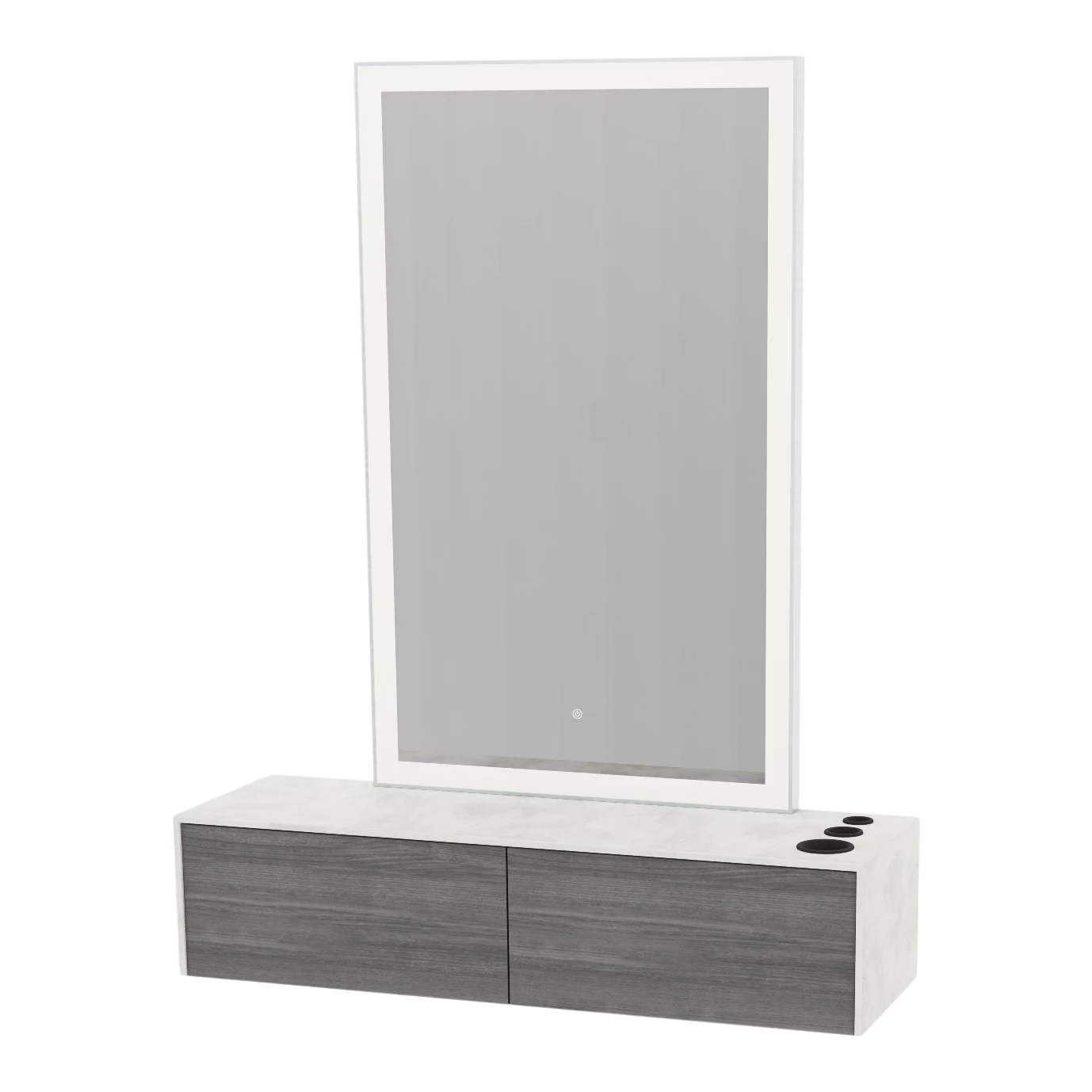Glo Wall Mount Styling Station with Nestled Appliance Holder, Solid Surface Countertop, and Silver Rectangle Glo Mirror