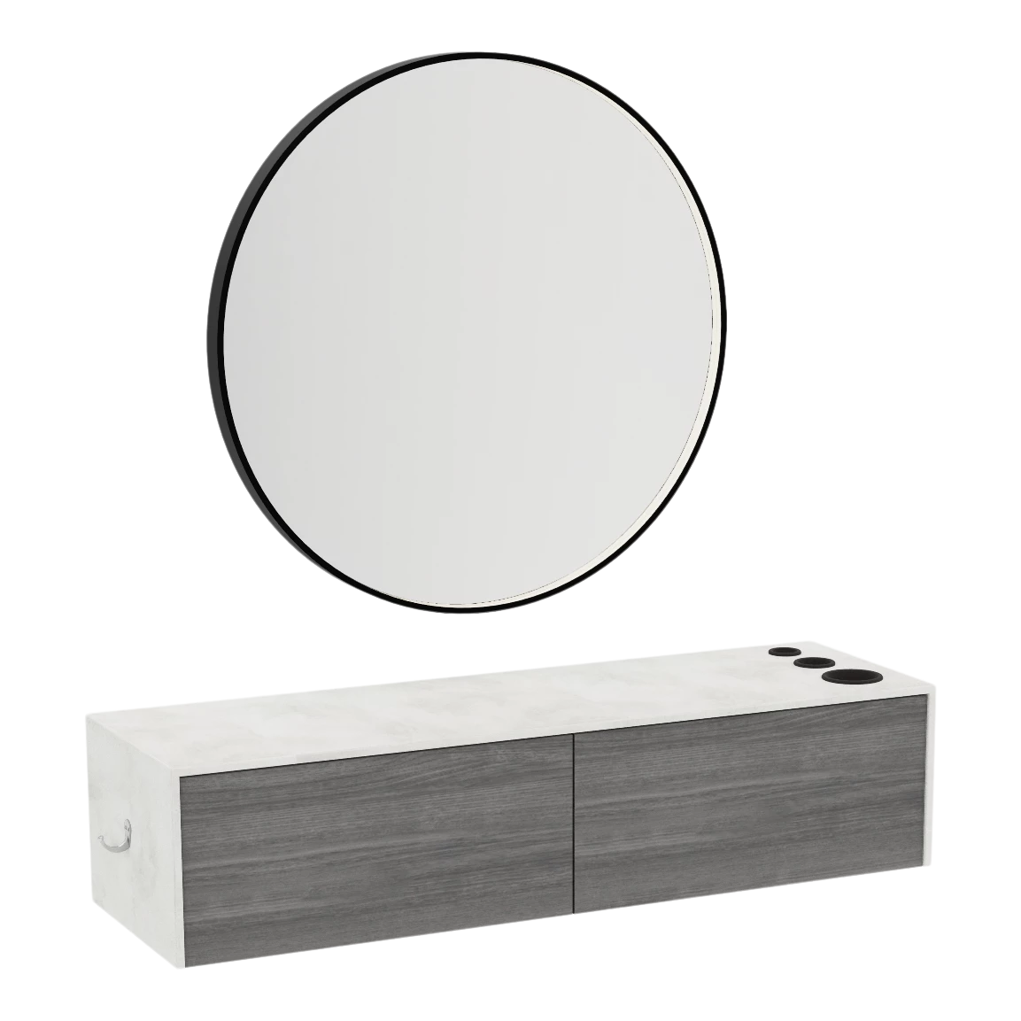 Glo Wall Mount Styling Station with Nestled Appliance Holder, Solid Surface Countertop, and Black Round Westin Mirror