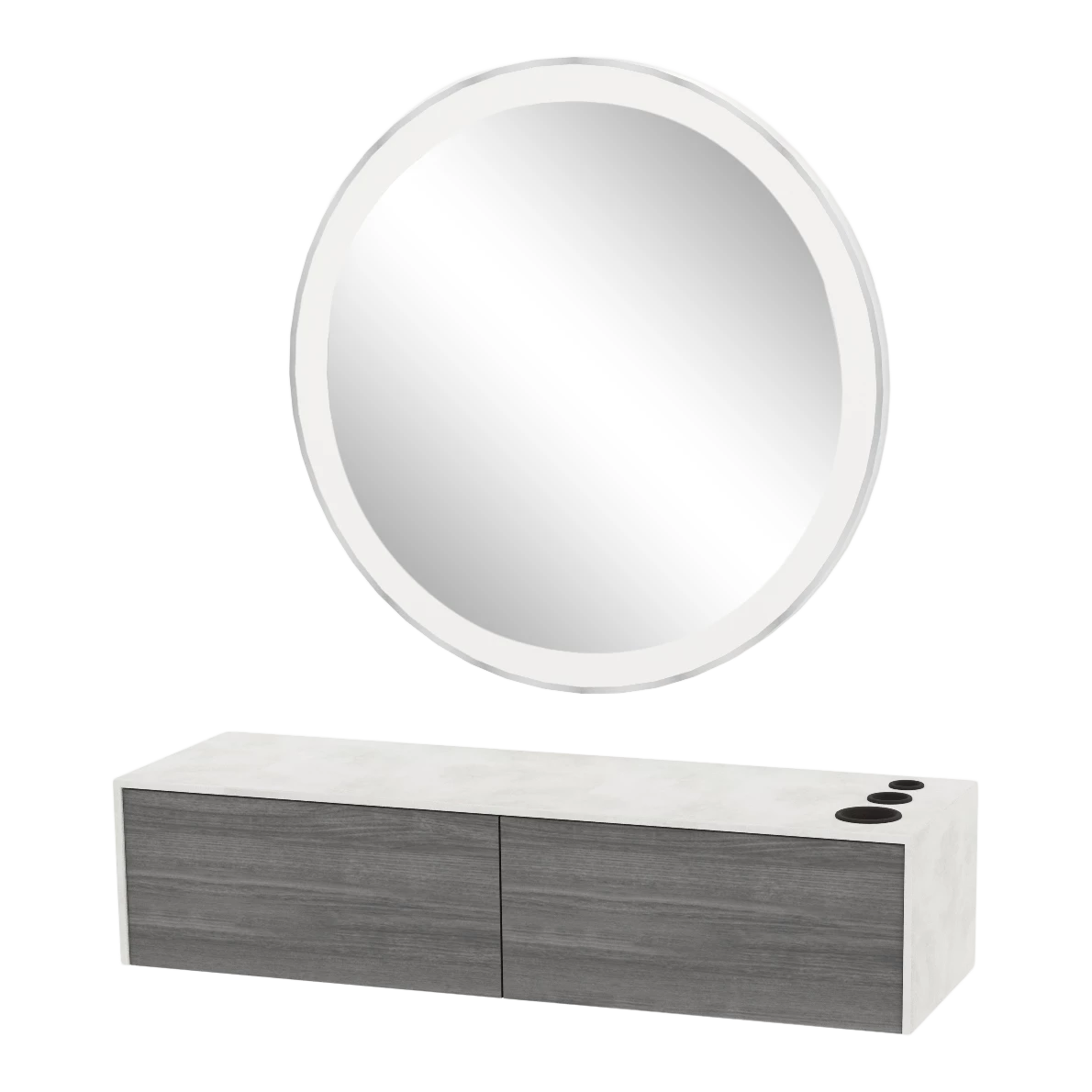 Glo Wall Mount Styling Station with Nestled Appliance Holder, Solid Surface Countertop, and Silver Round Glo Mirror
