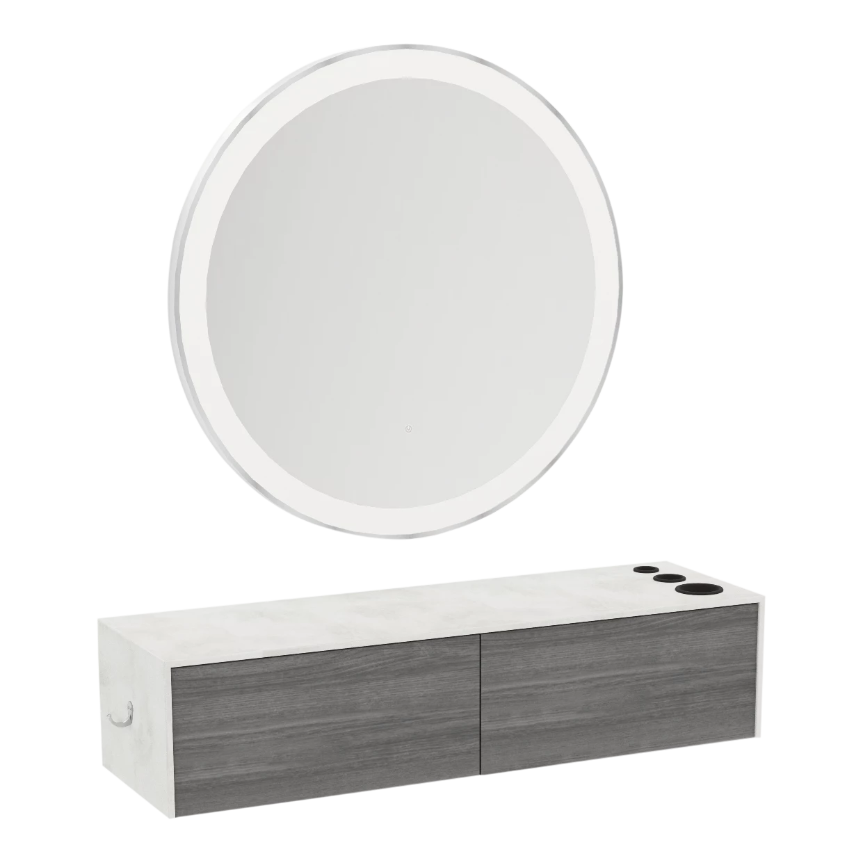 Glo Wall Mount Styling Station with Nestled Appliance Holder, Solid Surface Countertop, and Silver Round Glo Mirror