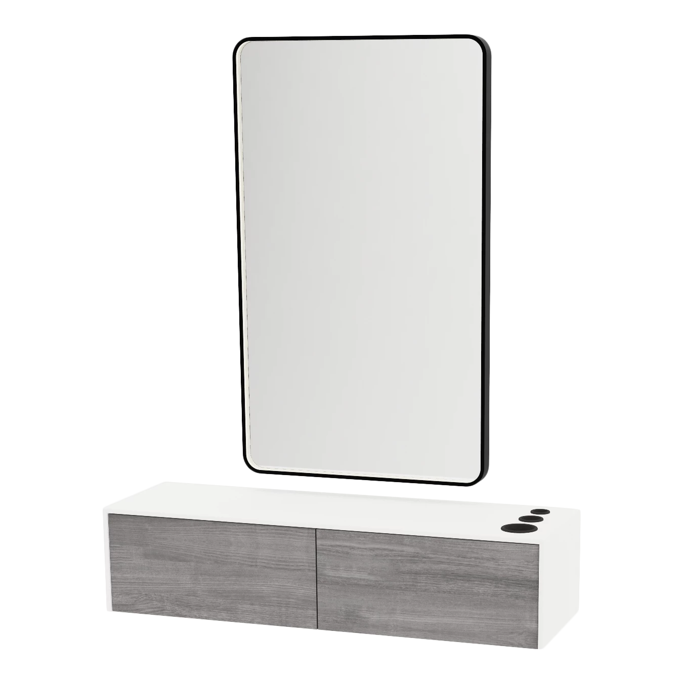 Glo Wall Mount Styling Station with Nestled Appliance Holder, Solid Surface Countertop, and Black Rectangle Westin Mirror