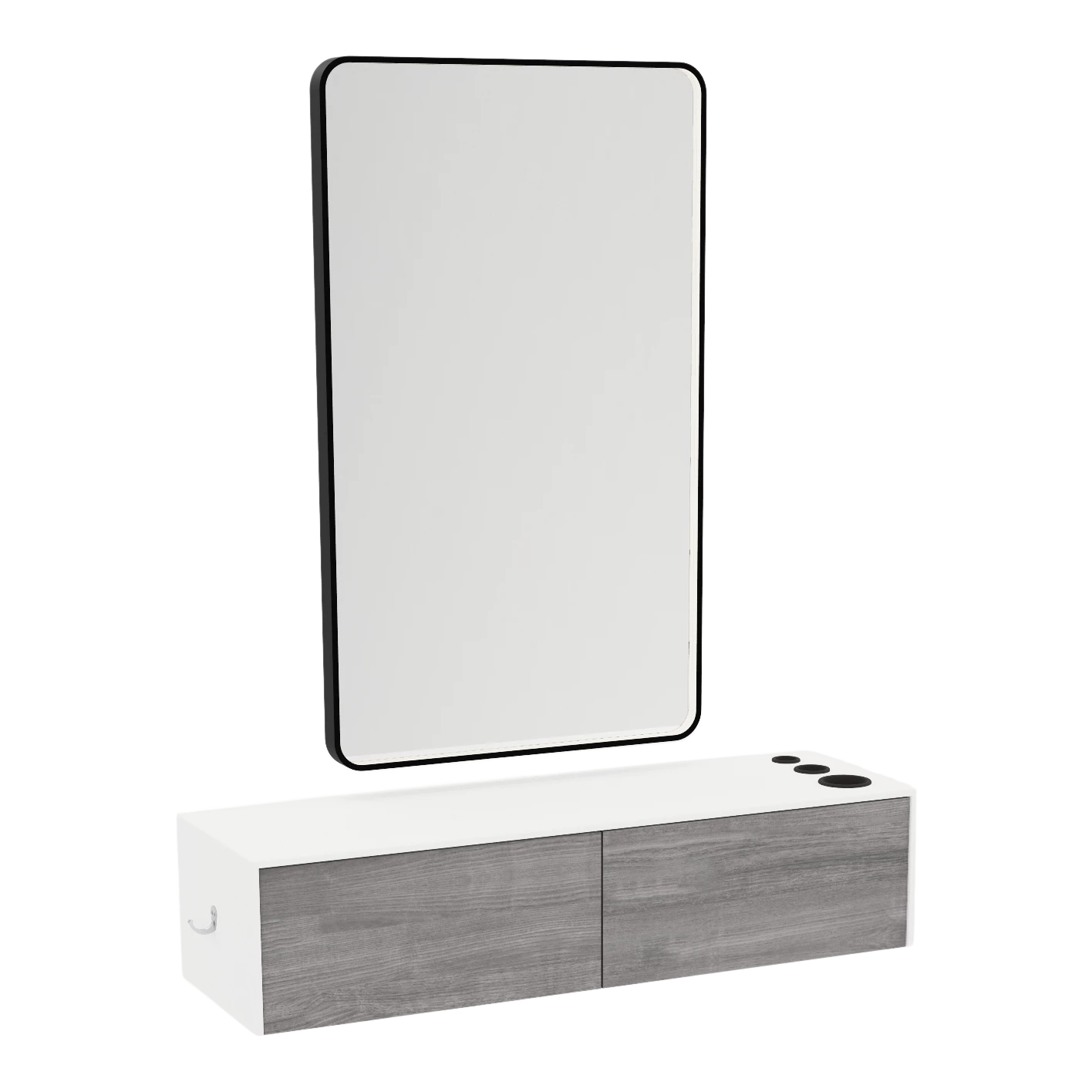 Glo Wall Mount Styling Station with Nestled Appliance Holder, Solid Surface Countertop, and Black Rectangle Westin Mirror
