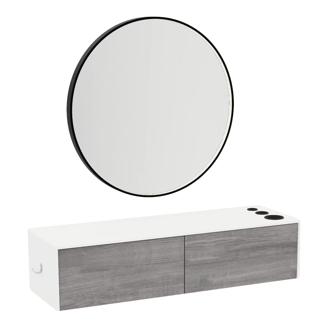 Glo Wall Mount Styling Station with Nestled Appliance Holder, Solid Surface Countertop, and Black Round Westin Mirror
