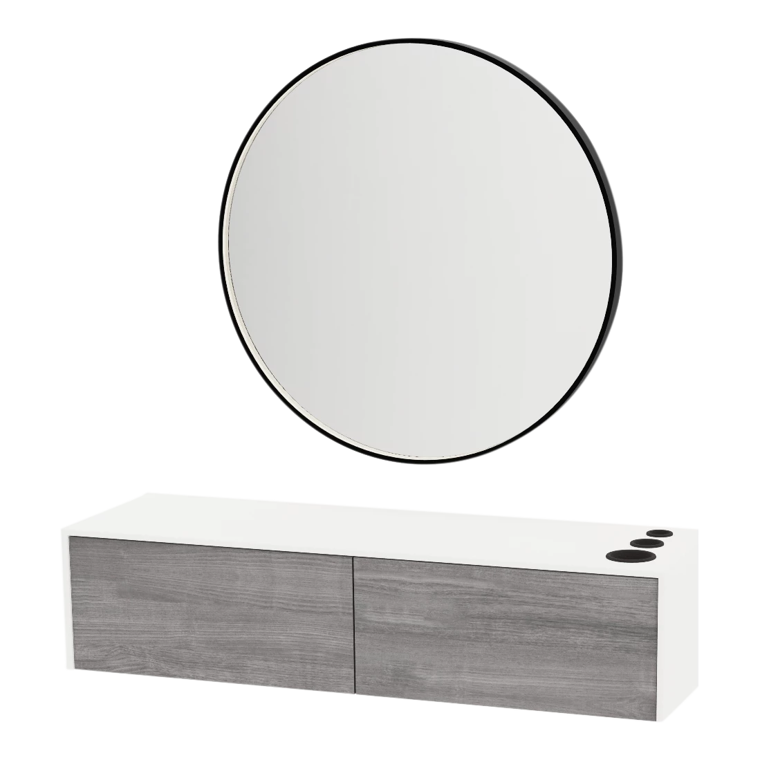 Glo Wall Mount Styling Station with Nestled Appliance Holder, Solid Surface Countertop, and Black Round Westin Mirror