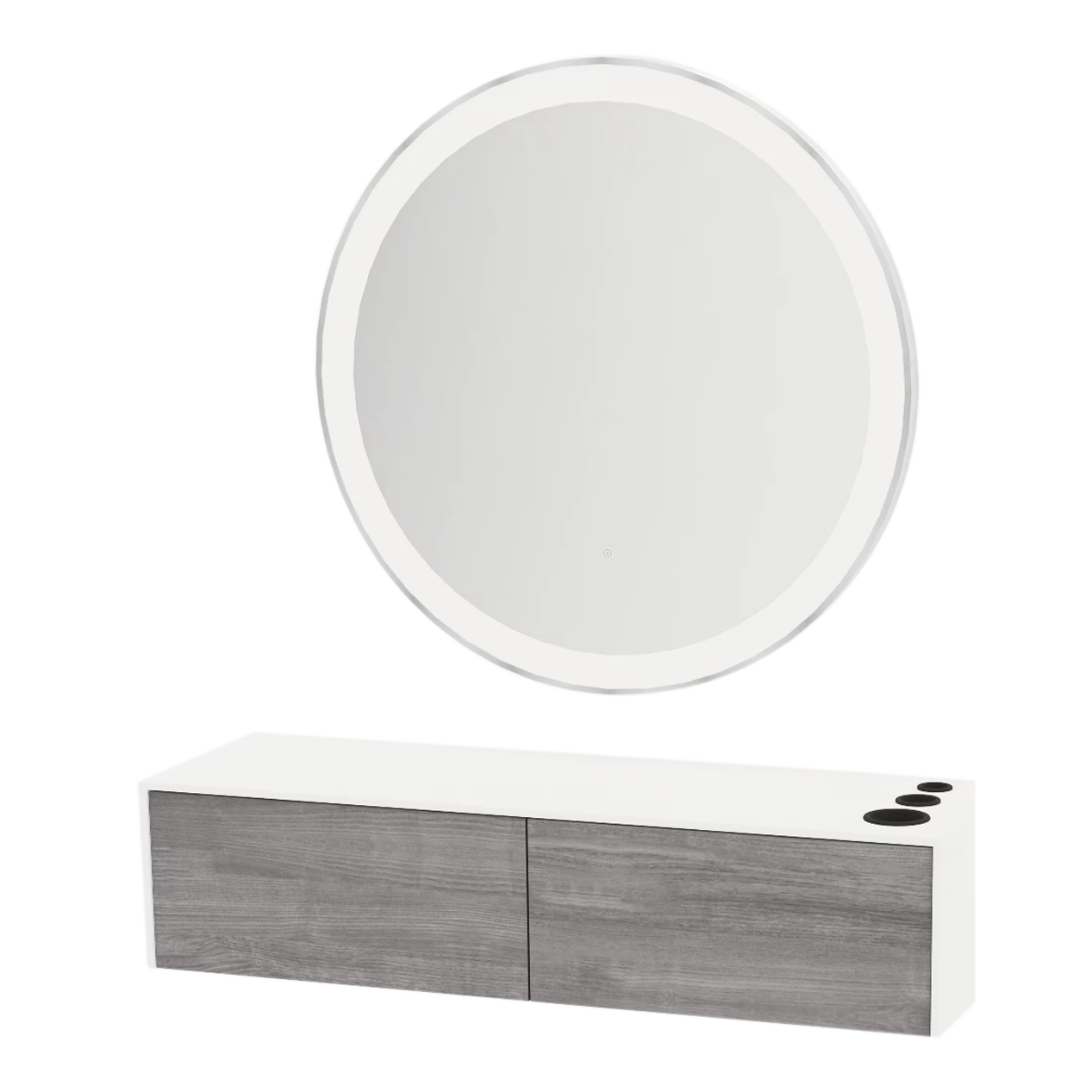Glo Wall Mount Styling Station with Nestled Appliance Holder, Solid Surface Countertop, and Silver Round Glo Mirror