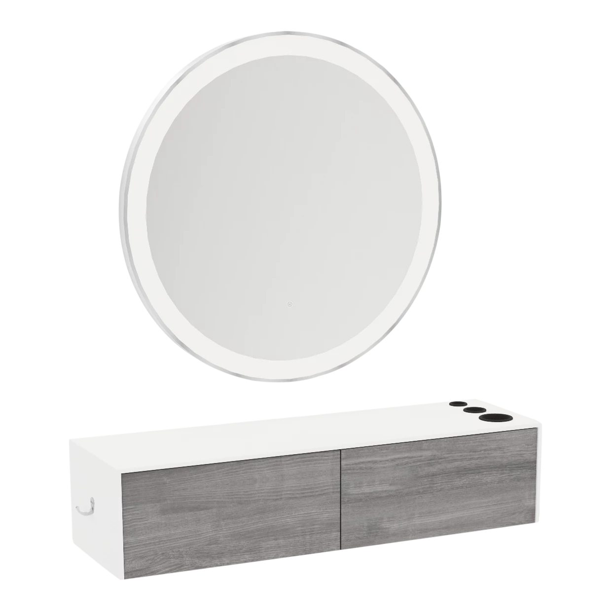 Glo Wall Mount Styling Station with Nestled Appliance Holder, Solid Surface Countertop, and Silver Round Glo Mirror