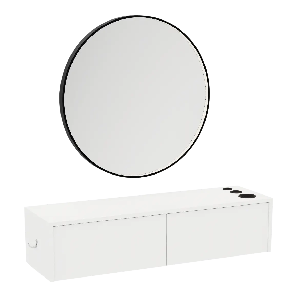 Glo Wall Mount Styling Station with Nestled Appliance Holder and Black Round Westin Mirror