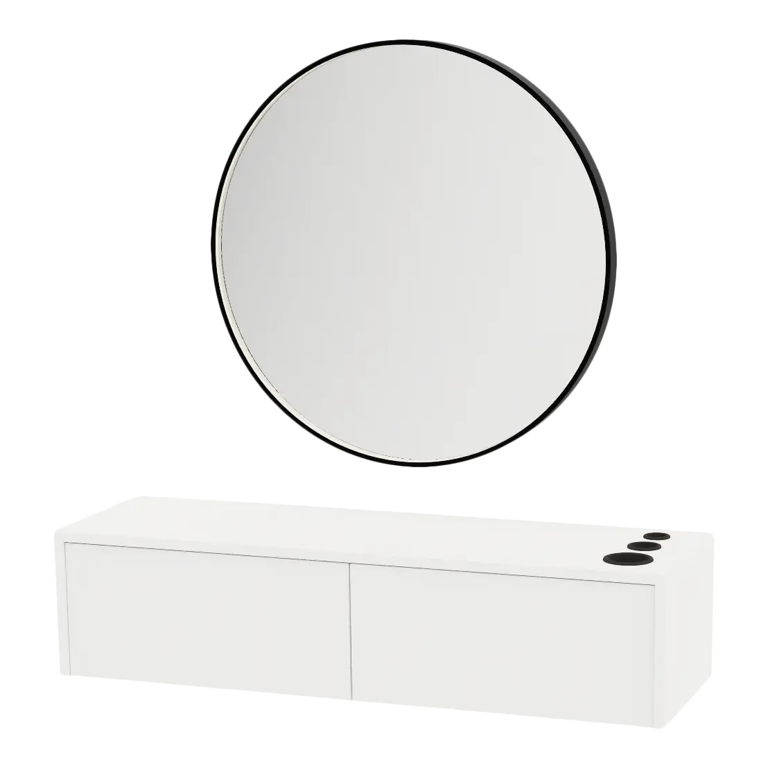 Glo Wall Mount Styling Station with Nestled Appliance Holder and Black Round Westin Mirror