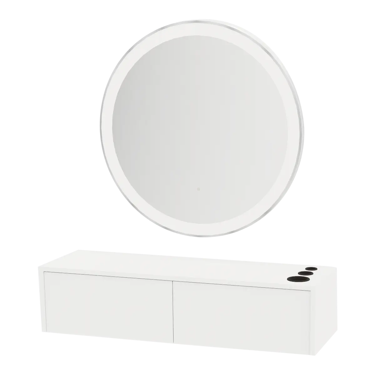 Glo Wall Mount Styling Station with Nestled Appliance Holder and Silver Round Glo Mirror