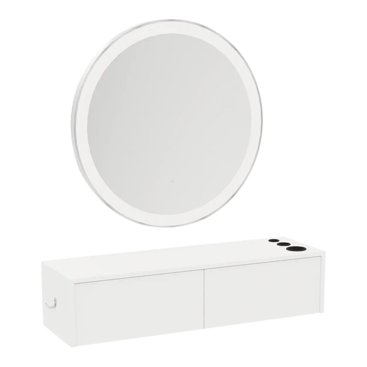 Glo Wall Mount Styling Station with Nestled Appliance Holder and Silver Round Glo Mirror
