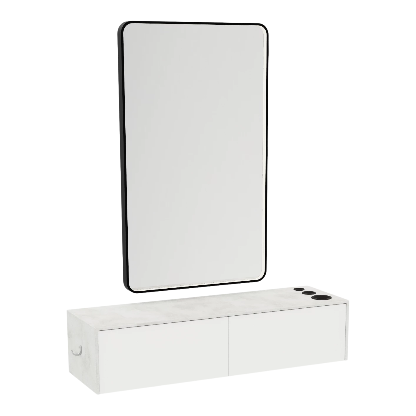 Glo Wall Mount Styling Station with Nestled Appliance Holder, Solid Surface Countertop, and Black Rectangle Westin Mirror