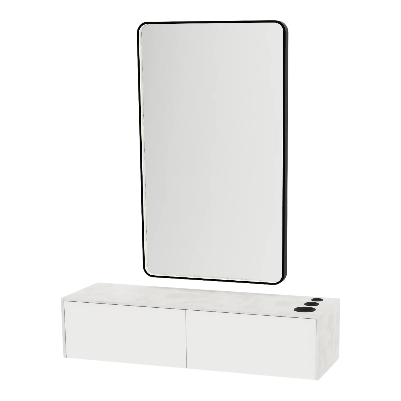 Glo Wall Mount Styling Station with Nestled Appliance Holder, Solid Surface Countertop, and Black Rectangle Westin Mirror
