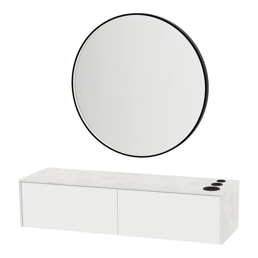Glo Wall Mount Styling Station with Nestled Appliance Holder, Solid Surface Countertop, and Black Round Westin Mirror