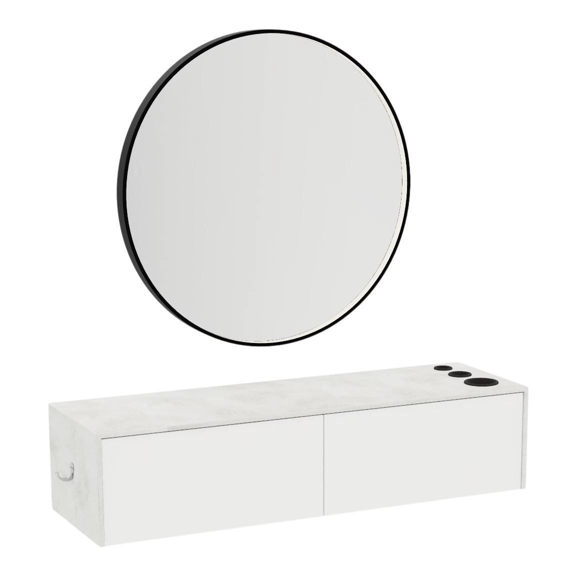Glo Wall Mount Styling Station with Nestled Appliance Holder, Solid Surface Countertop, and Black Round Westin Mirror