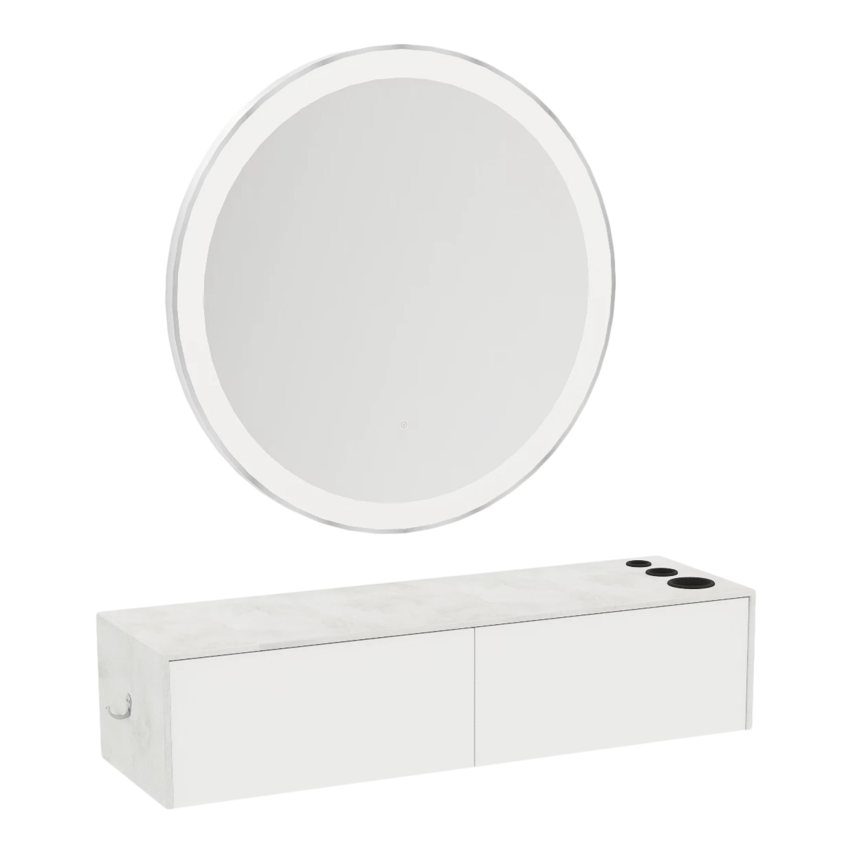 Glo Wall Mount Styling Station with Nestled Appliance Holder, Solid Surface Countertop, and Silver Round Glo Mirror