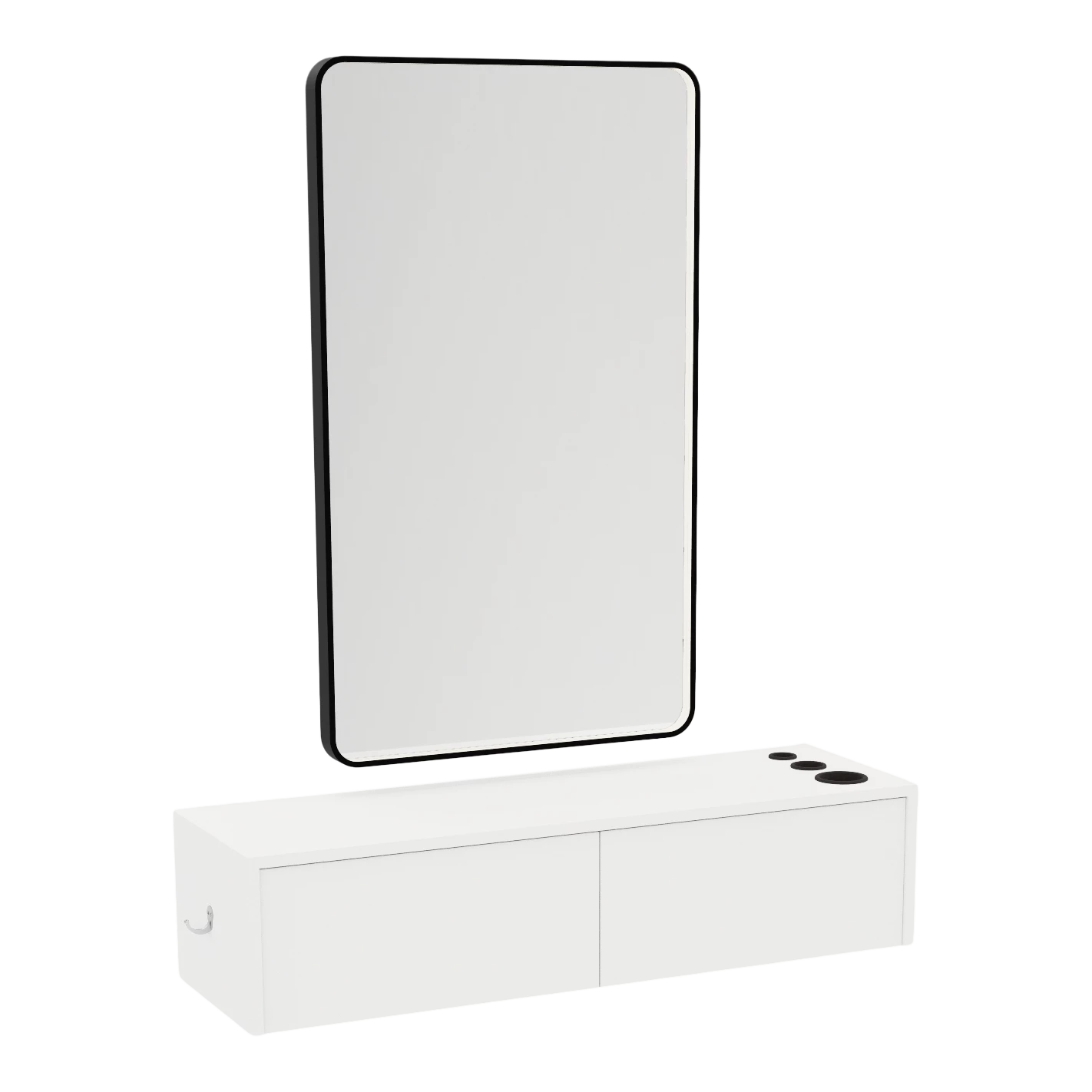 Glo Wall Mount Styling Station with Nestled Appliance Holder, Solid Surface Countertop, and Black Rectangle Westin Mirror