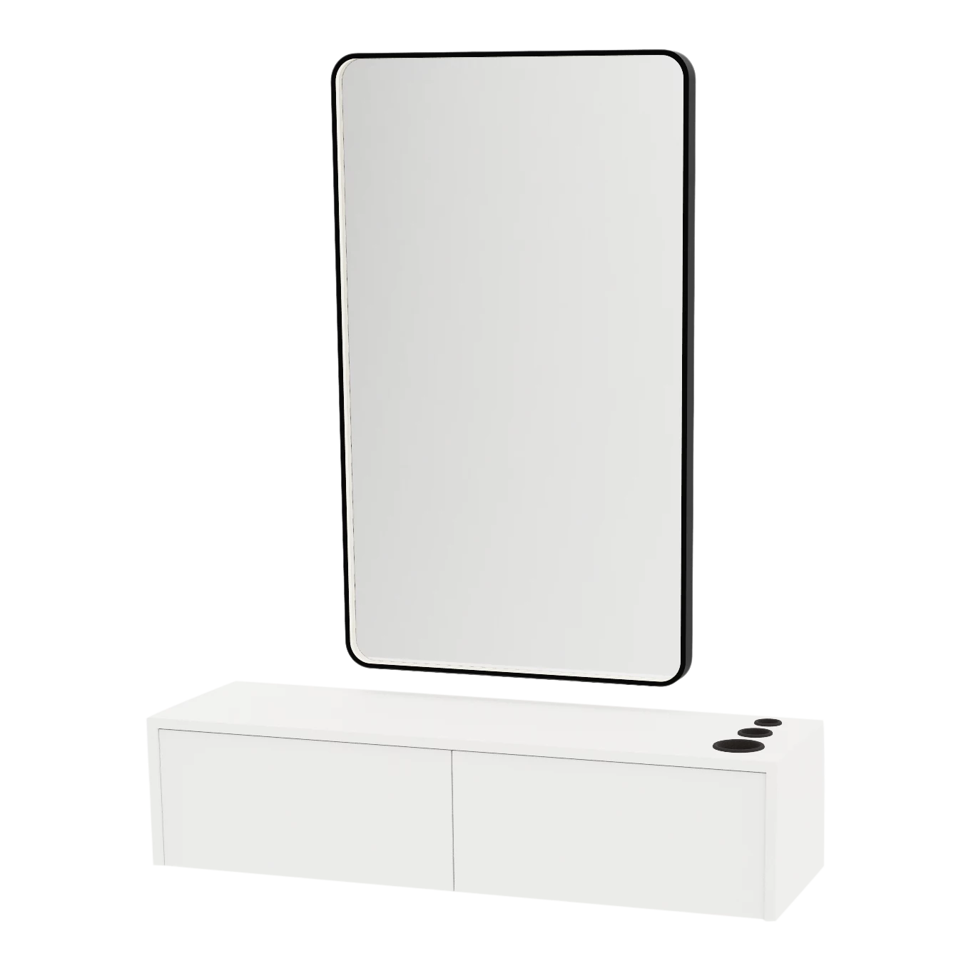 Glo Wall Mount Styling Station with Nestled Appliance Holder, Solid Surface Countertop, and Black Rectangle Westin Mirror