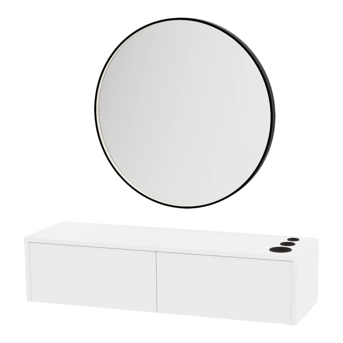 Glo Wall Mount Styling Station with Nestled Appliance Holder, Solid Surface Countertop, and Black Round Westin Mirror
