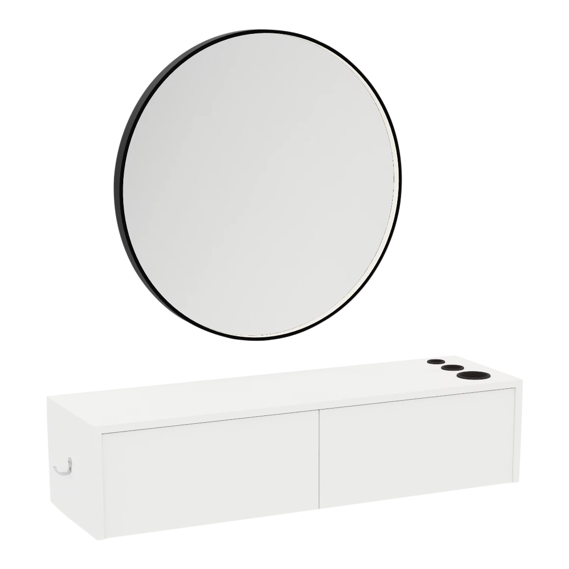 Glo Wall Mount Styling Station with Nestled Appliance Holder, Solid Surface Countertop, and Black Round Westin Mirror