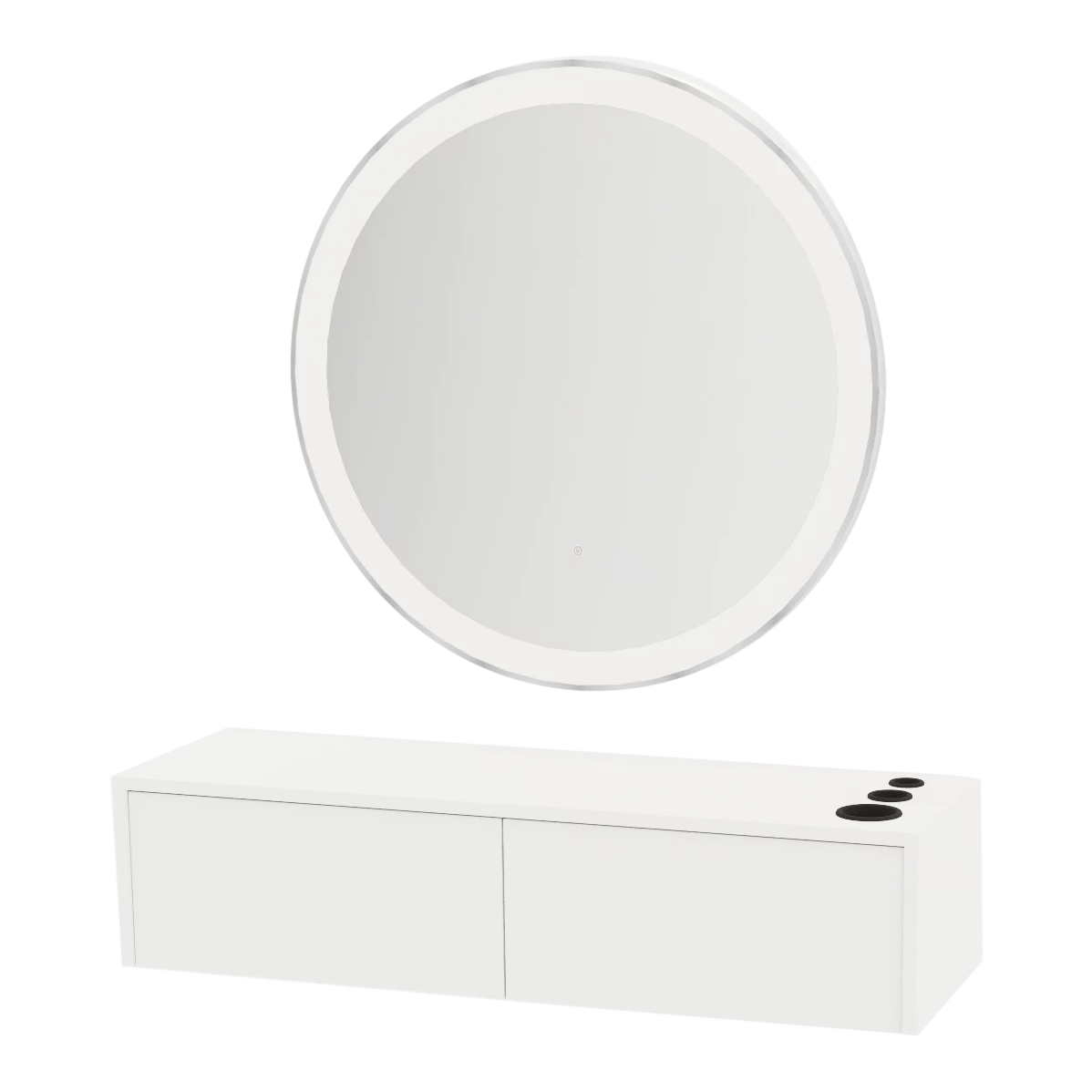 Glo Wall Mount Styling Station with Nestled Appliance Holder, Solid Surface Countertop, and Silver Round Glo Mirror