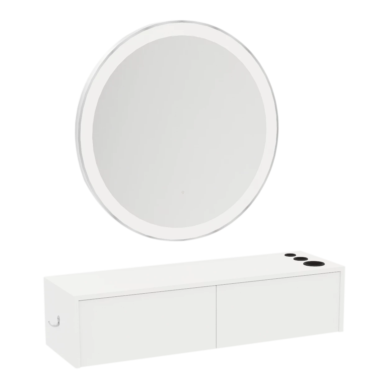 Glo Wall Mount Styling Station with Nestled Appliance Holder, Solid Surface Countertop, and Silver Round Glo Mirror