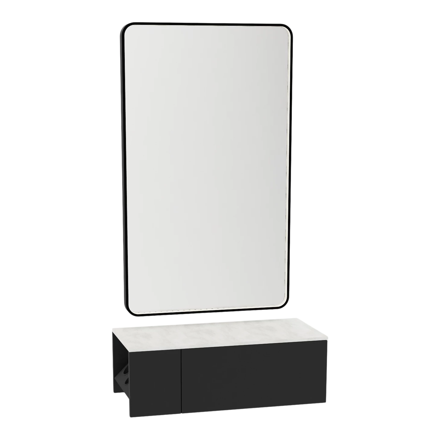 Glo Wall Mount Styling Station with Concealed Appliance Holder, Solid Surface Countertop, and Black Rectangle Westin Mirror