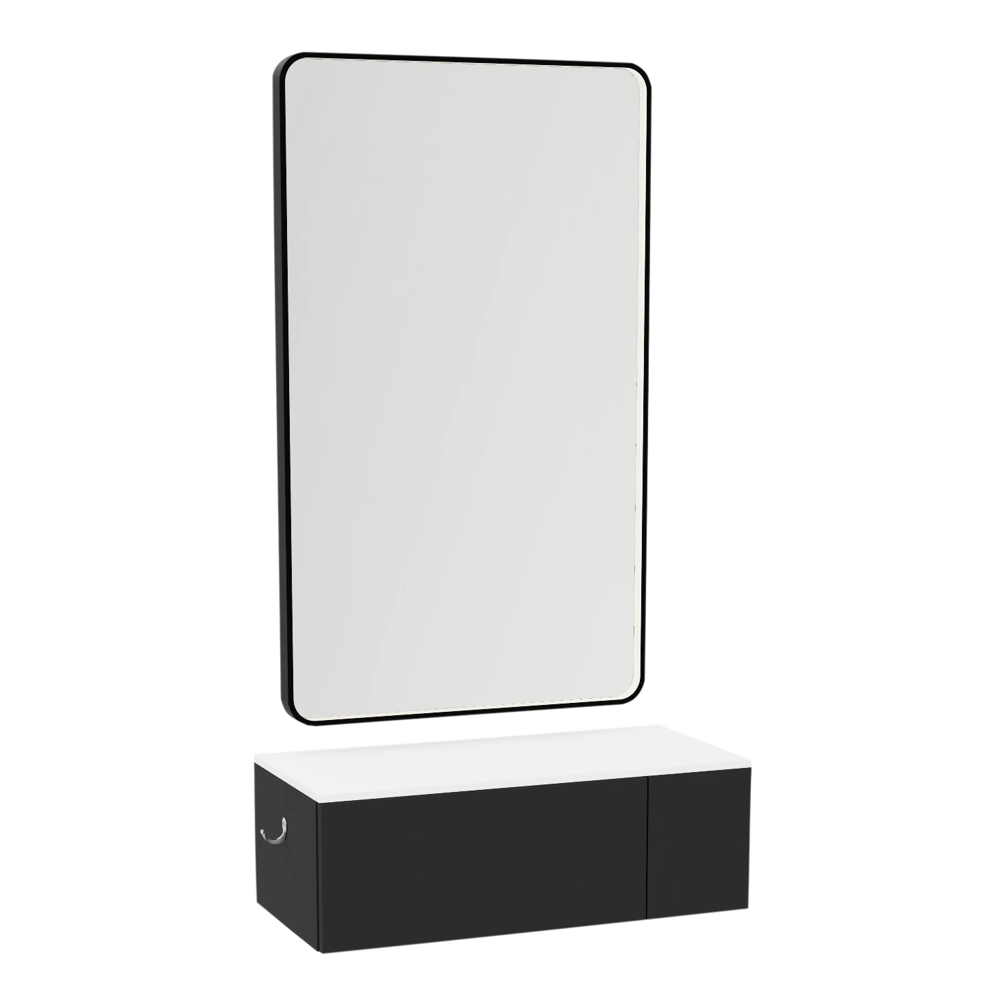 Glo Wall Mount Styling Station with Concealed Appliance Holder, Solid Surface Countertop, and Black Rectangle Westin Mirror