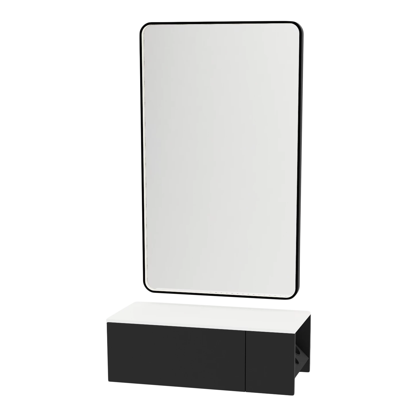 Glo Wall Mount Styling Station with Concealed Appliance Holder, Solid Surface Countertop, and Black Rectangle Westin Mirror