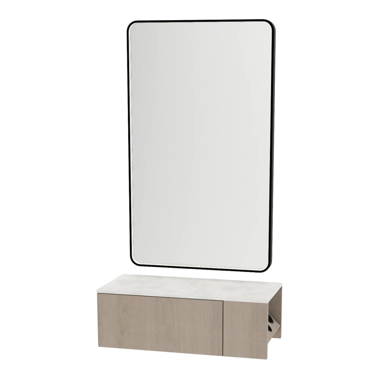Glo Wall Mount Styling Station with Concealed Appliance Holder, Solid Surface Countertop, and Black Rectangle Westin Mirror
