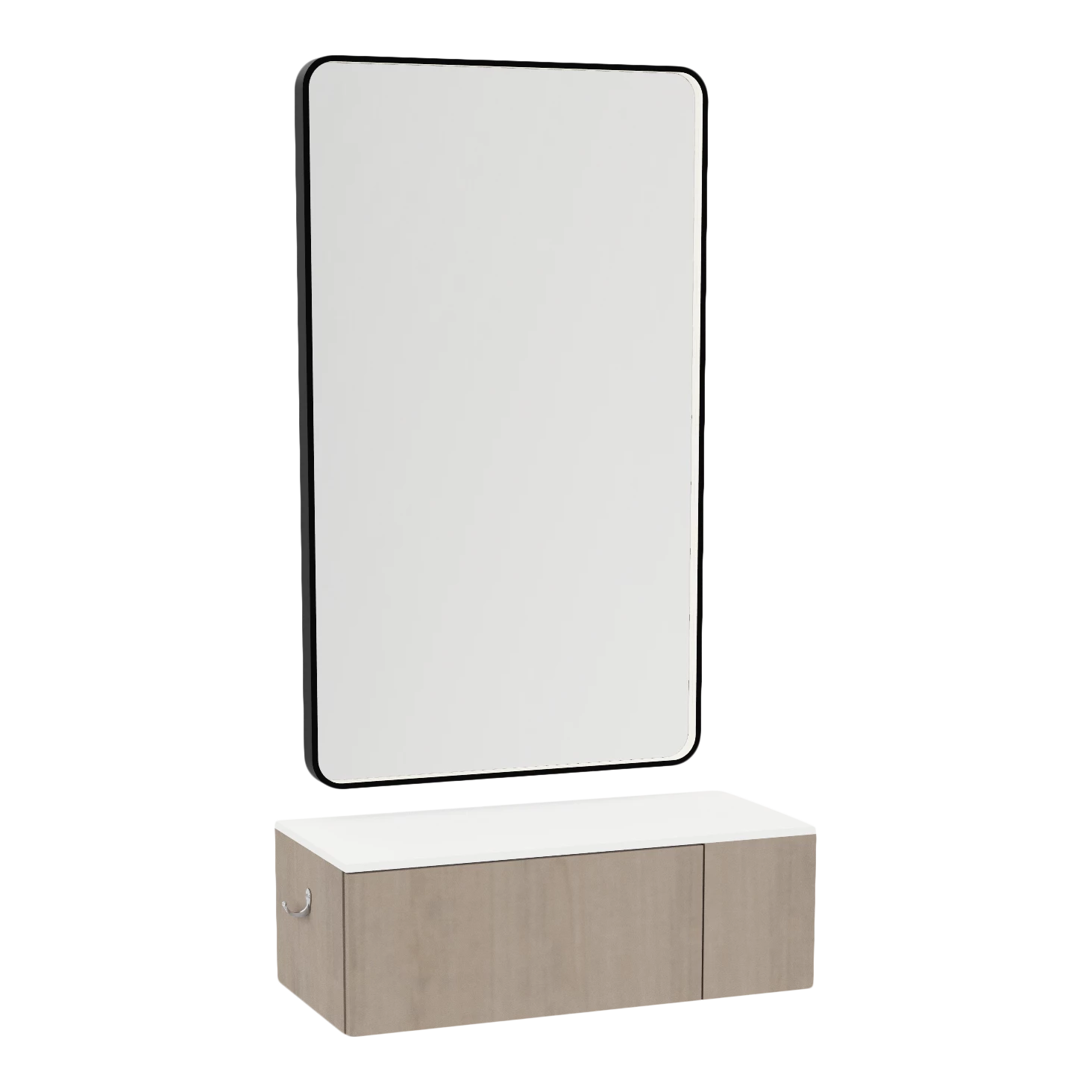 Glo Wall Mount Styling Station with Concealed Appliance Holder, Solid Surface Countertop, and Black Rectangle Westin Mirror