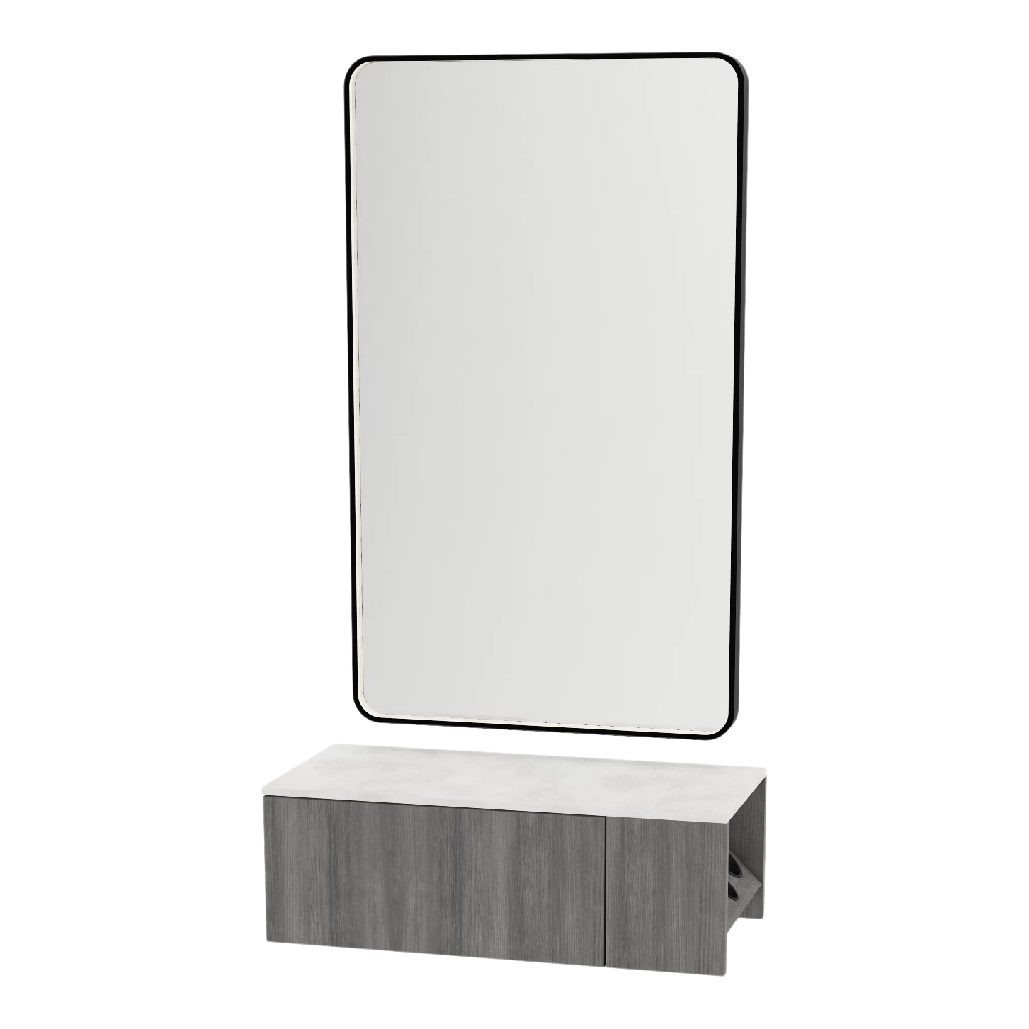 Glo Wall Mount Styling Station with Concealed Appliance Holder, Solid Surface Countertop, and Black Rectangle Westin Mirror