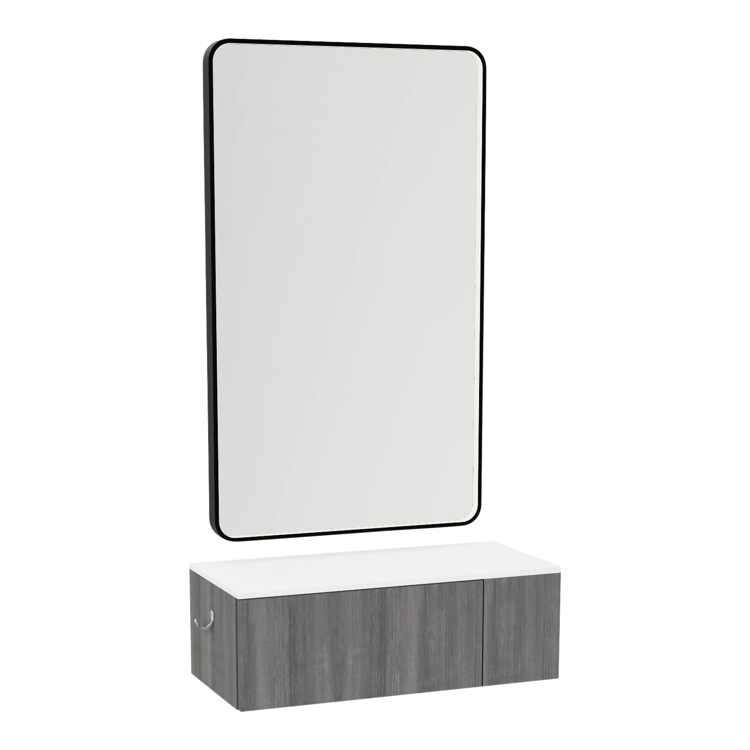 Glo Wall Mount Styling Station with Concealed Appliance Holder, Solid Surface Countertop, and Black Rectangle Westin Mirror
